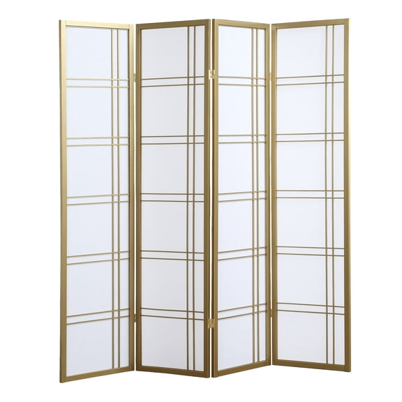Gold 4-Panel Room Divider Screen with Solid Pine Wood Frame, 72W x 70H, Asian-Inspired Folding Privacy Partition for Living Room, Bedroom, Office