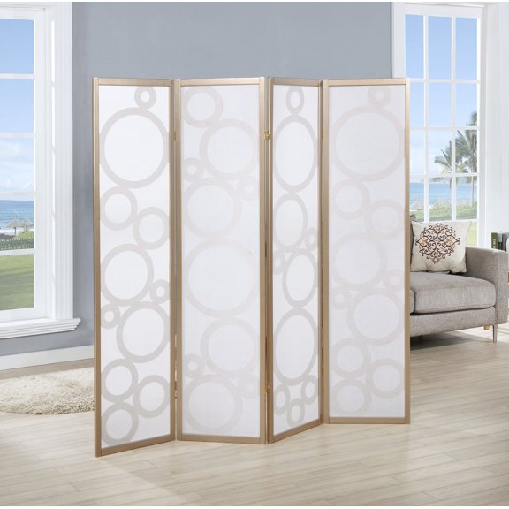 Gold 4-Panel Wood Room Divider with Circle Pattern for Living Room, 70 Inch Tall Folding Privacy Screen