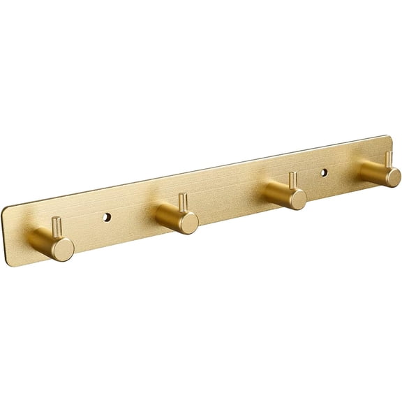 Gold 4 Wall Hooks, Brushed Gold Bathroom Hook Rail, Self Adhesive Key Hook Rack Hanger Towel Robe Stick Hooks for Toilet Entryway Hallway Kitchen Wall Mounted