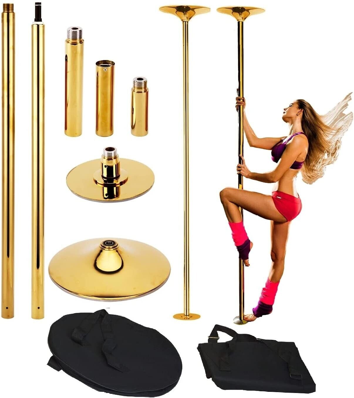 Gold 45mm Spinning/Static Professional Dance Pole - 9ft Portable Exotic Fitness Pole for Home or Studio Use