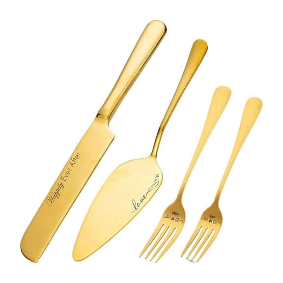Gold 4PC Wedding Cake Serving Set 410 Stainless Steel Cake Knife Server Fork Gift Box