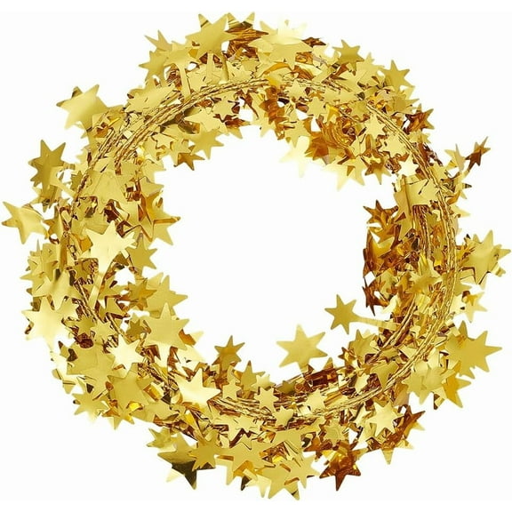 Gold 4Pcs 98.4 Feet Star Tinsel Garland Gold Glitter Wired Garland with Iron Wire Sparkly PVC Metallic Christmas Tree Table Hanging Ornaments for Christmas Tree Xmas Wedding Home Party Decoration