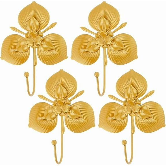 Gold 4Pcs Golden Single Hooks 3D Flower Heavy Duty Room Wall Mounted Metal Iron Retro Farmhouse Boho Decorative Coat Hooks for Hanging Things Hat Scarf Towels Purse Home Decor
