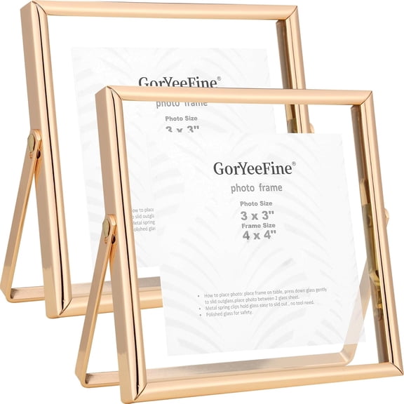 Gold 4x4" Floating Frame 2 Pack for Picture 3x3'',Adjustable Tabletop/Shelf floating Photo Frame 3x3'',Classy Metal Gift Frames for Wedding,Thanksgiving,Christmas,Birthady,Home or Office Decor.