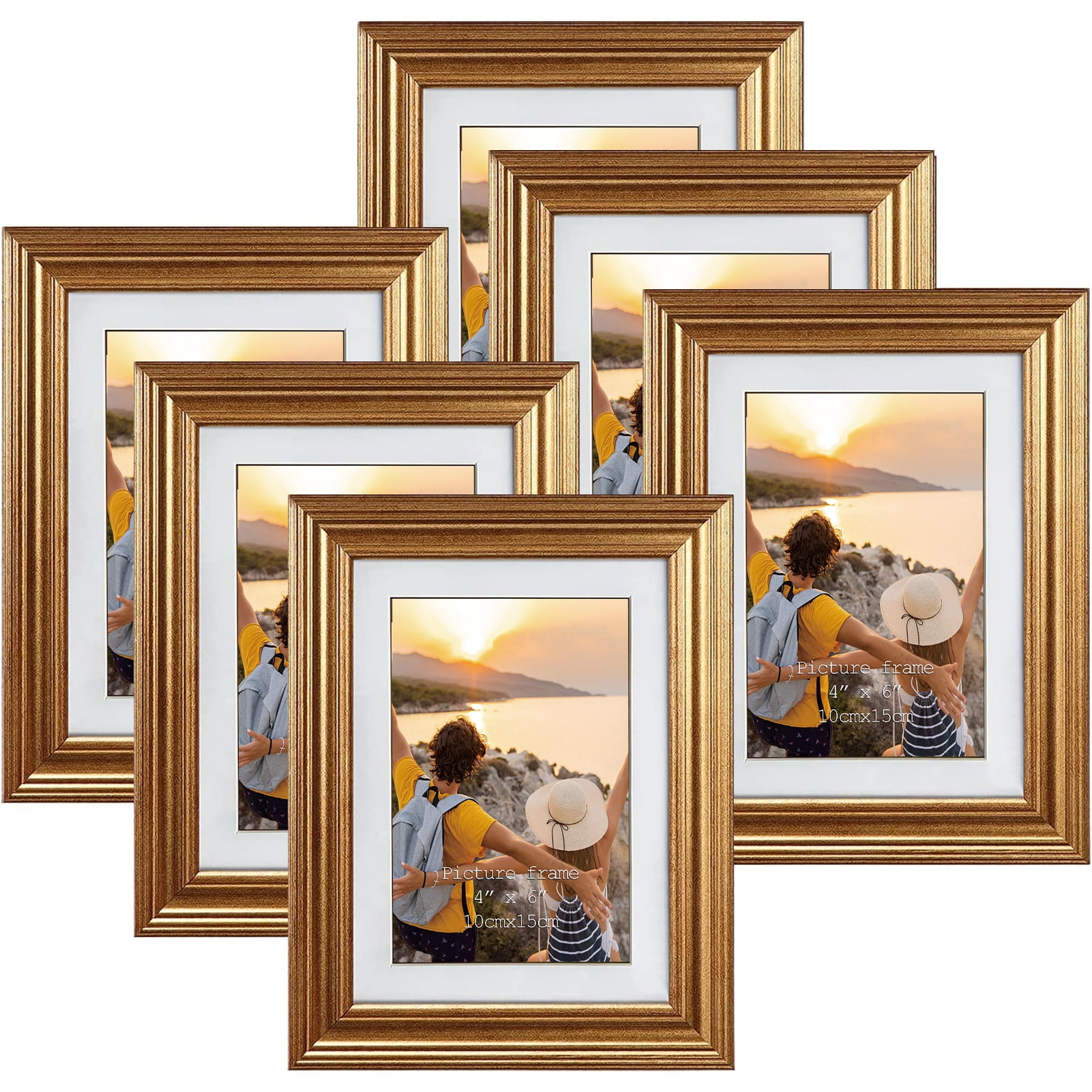 Gold 4x6 Picture Frames Set of 6, Display Pictures 4x6 with Mat or 5x7  Without Mat, Photo Frames for Wall Mount or Tabletop