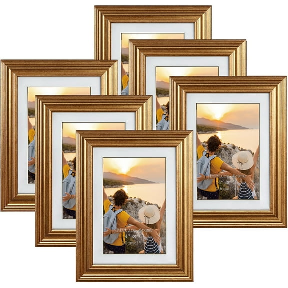Gold 4x6 Picture Frames Set of 6, Display Pictures 4x6 with Mat or 5x7 Without Mat, Photo Frames for Wall Mount or Tabletop