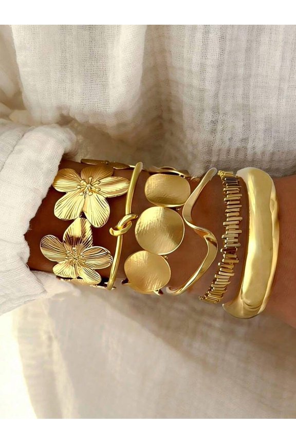 Gold-5 Layered Floral & Disc Cuff Bracelet Set: Bangle, Chain, Elastic