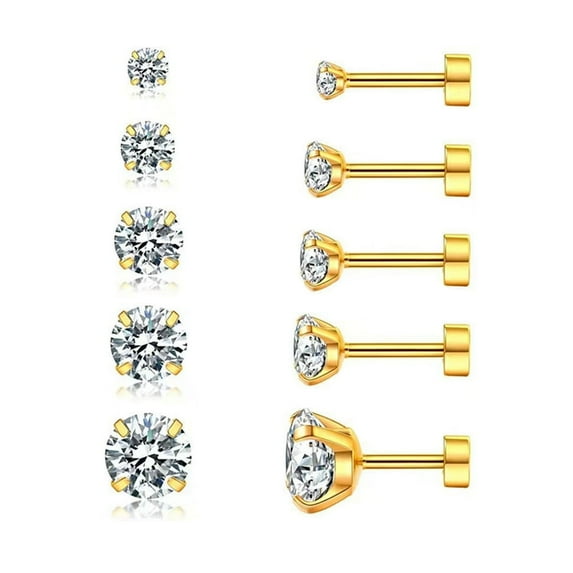 Gold 5 Pairs Cubic Zirconia Cartilage Mini Stud Earrings Set for Women Men Stainless Steel Tragus Helix Statement Earring