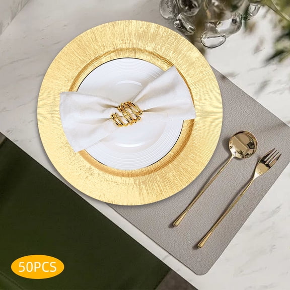 Gold 50Pcs Gold Charger Plates, 13 Inch Bulk Round Charger Plates Plastic Wedding Dinner Elegant Reusable for Table Setting Wedding Party Event Tabletop Setting Decor
