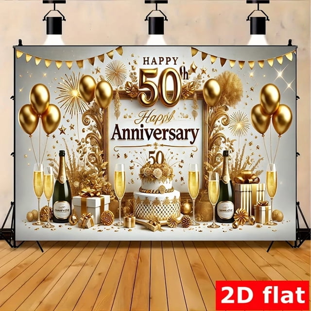 Gold 50th Anniversary Backdrop Golden Balloons Happy 50th Anniversary ...