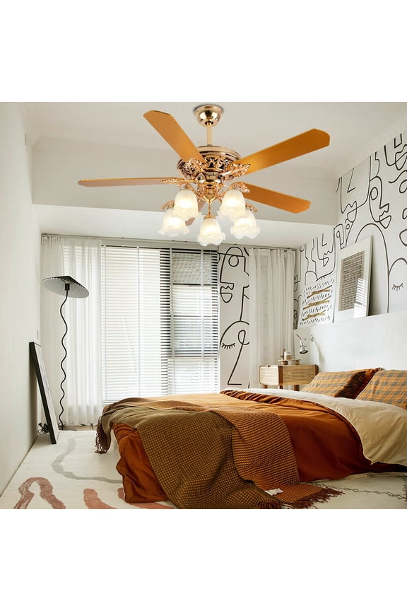 52" Low Profile Ceiling Fan Light with 5 Wood Leaves & Remote Control