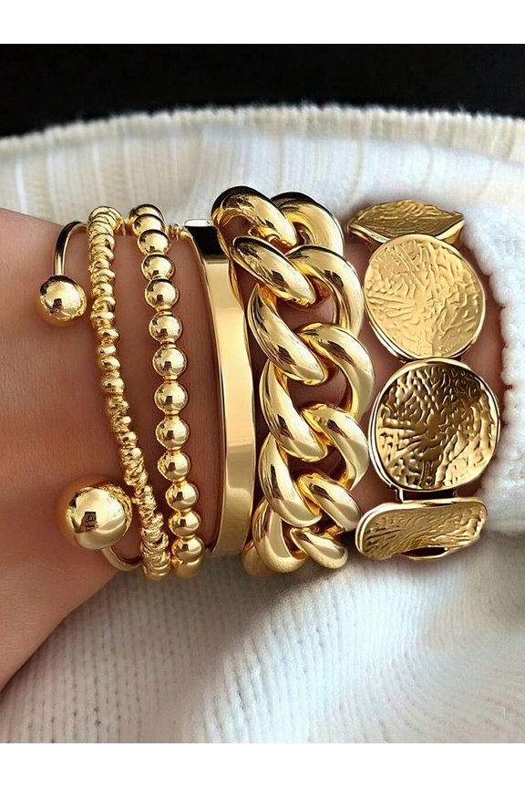 Gold-6 Layered Punk Style Bracelet Set: Chunky Chain, Beaded, Bangle &