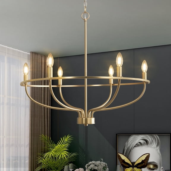 Gold 6 Light Chandelier, Farmhouse Ceiling Pendant Light Fixture Dining Table Candle Chandelier Lighting for Bedroom Hallway Entryway Living Room Kitchen 29in Chandeliers
