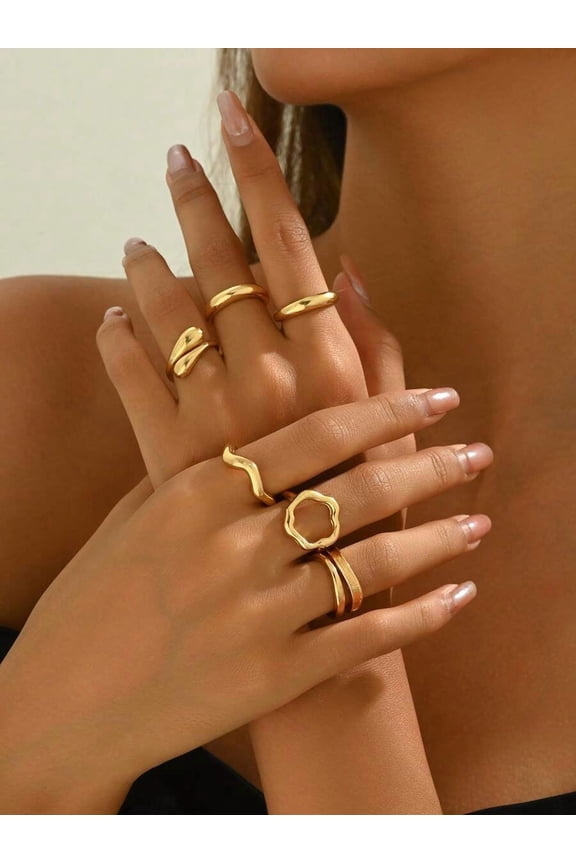 Gold 6-Piece Teardrop Ring Set, Organic Wavy & Geometric Stackable Rings For Women