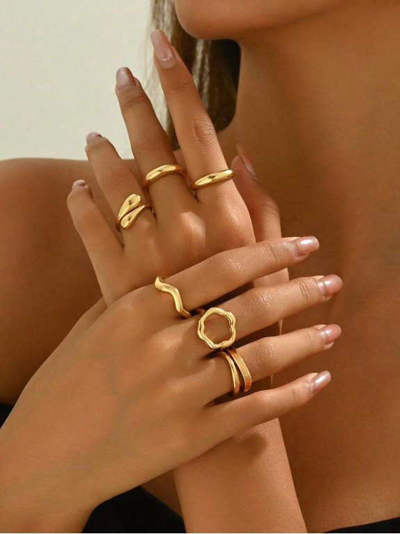 Gold 6-Piece Teardrop Ring Set, Organic Wavy & Geometric Stackable Rings For Women