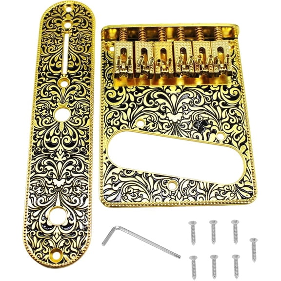 Gold 6 String Roller Saddle Bridge Plate 3 Way Switch Control Plate Compatible with Tele Telecaster Style Electric Guitar