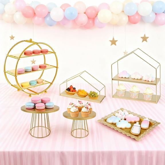 Gold 6-piece C metal cake rack, layered cake and dessert display, party and event service tower