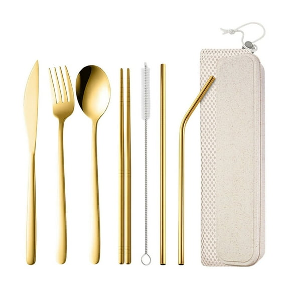 Gold 7-Piece Portable Cutlery Set, Stainless Steel Utensils With Case For Travel