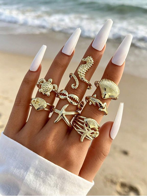 Gold-7 Sea Life Themed Stacking Ring Set With Seahorse Turtle Shell