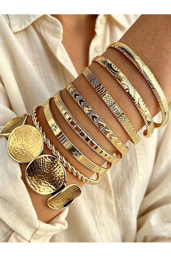 Gold-8 Layered Ethnic Carved Disc & Cuff Bracelet Set: Bangle, Chain