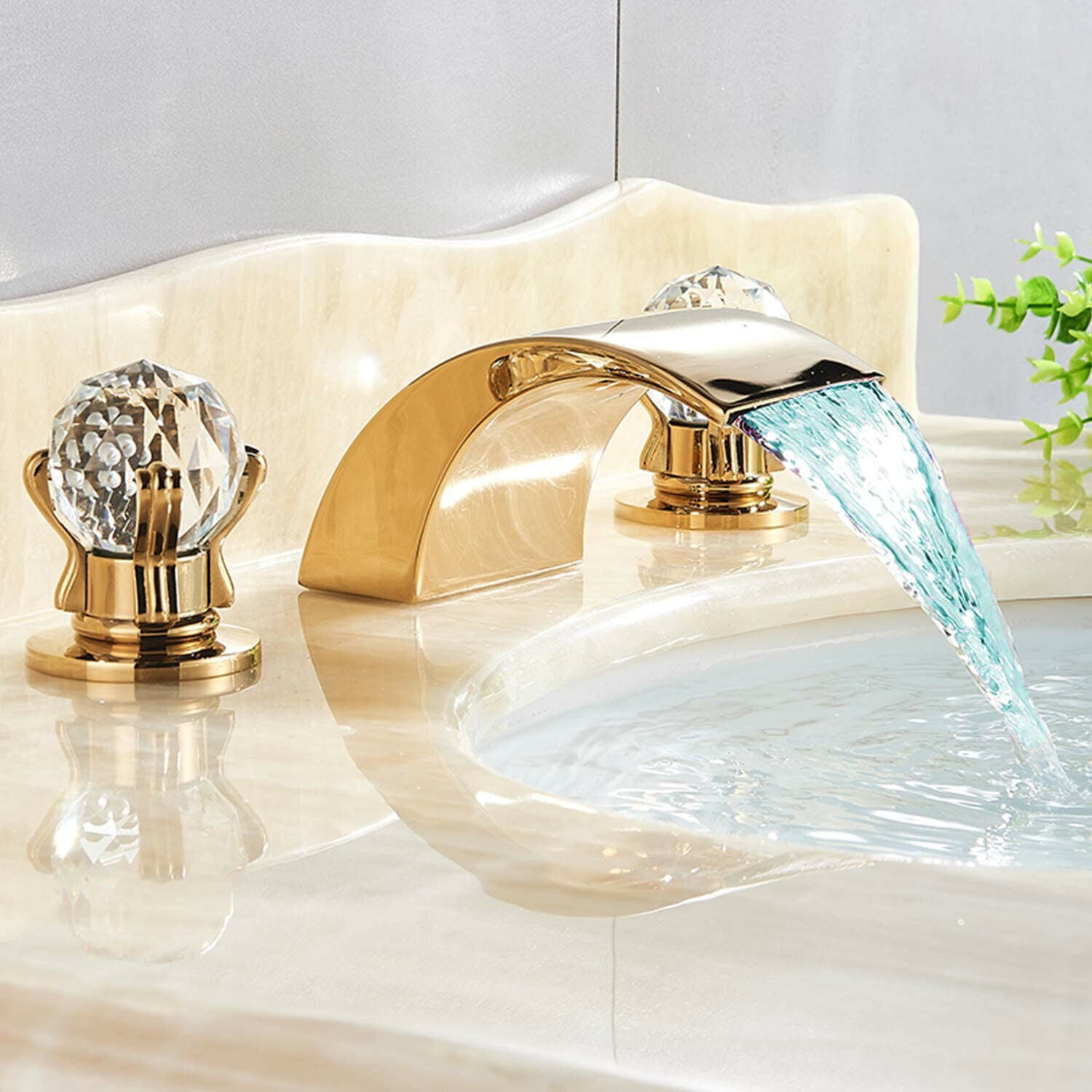 Gold 8" Widespread LED Waterfall Bathroom Sink Faucet 2 Handle 3-Hole ...
