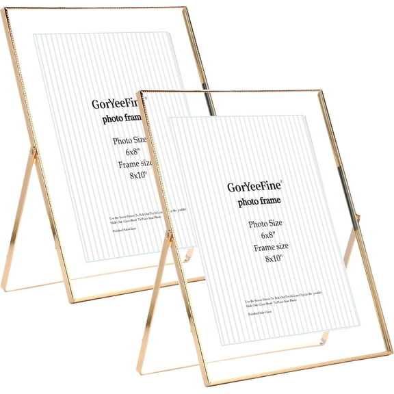 Gold 8x10'' Floating Frame Set of 2, For Photo Sizes ( 5x7'' ,6x8'' 7x9'' up to 8x10''), Beautiful Metal Lace Edge Frames Adjustable Tabletop/Shelf Photo Frame, Classy Gift Choice for Wedding,