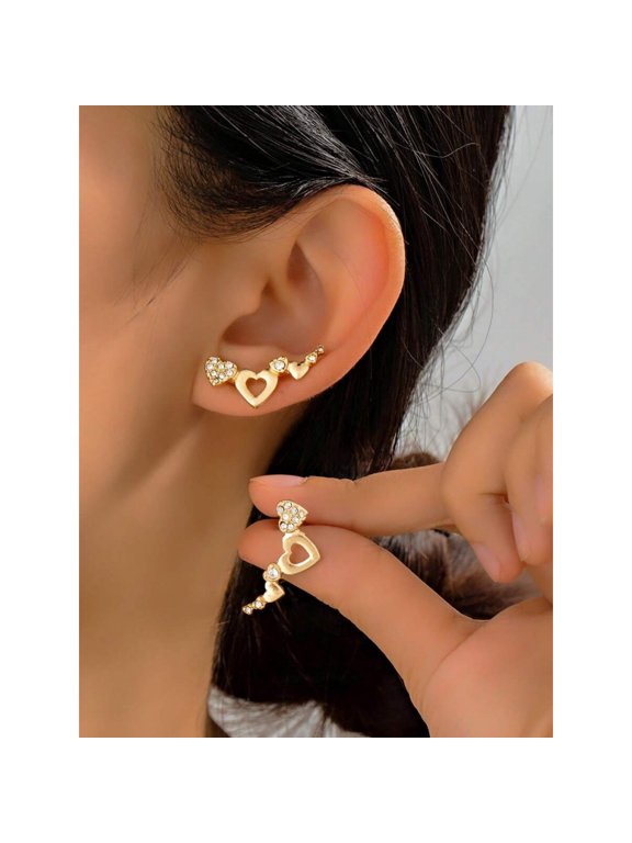 Gold 9 Heart Cluster Stud Earrings With Cubic Zirconia For Women