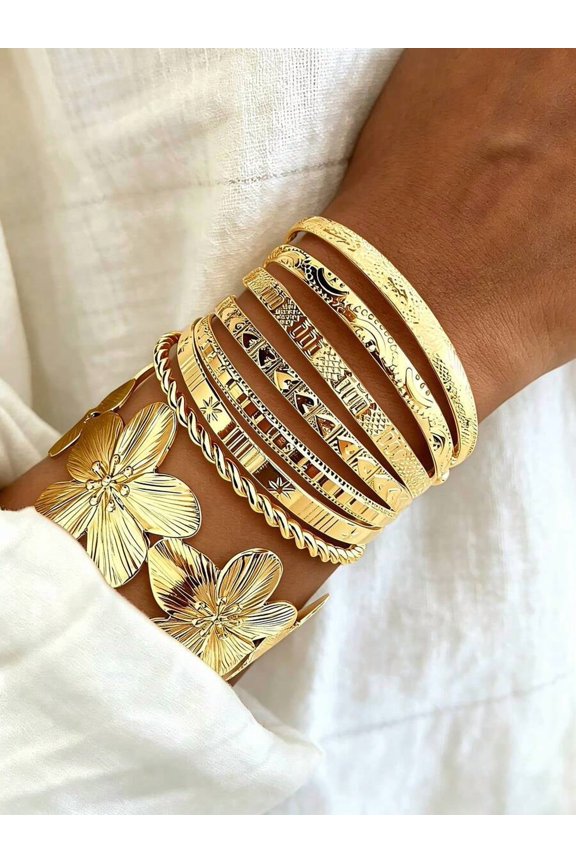 Gold-9 Layered Floral Cuff & Bangle Bracelet Set: Chunky Goldtone Stackable