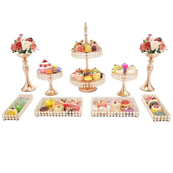 Gold 9-Piece Cake Stand Set with Crystal Beads, Tiered Display for Desserts, Party, Wedding, Iron & Acrylic