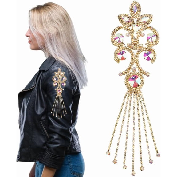 Gold AB Rhinestone Applique Iron On Fringe Trim Flower Pattern Design Diamond Tassels Welded Water Brass Sparkle Patches for Clothes Decoration Wedding Dress Embellishments Diy Craft