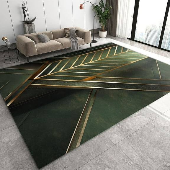 Gold Abstract Geometric Lines Area Rug, Luxury Green Marble Background Indoor Rugs, With Anti-Slip Backing Washable Carpet For Living Room Bedroom Study Dining Room 5x6ft