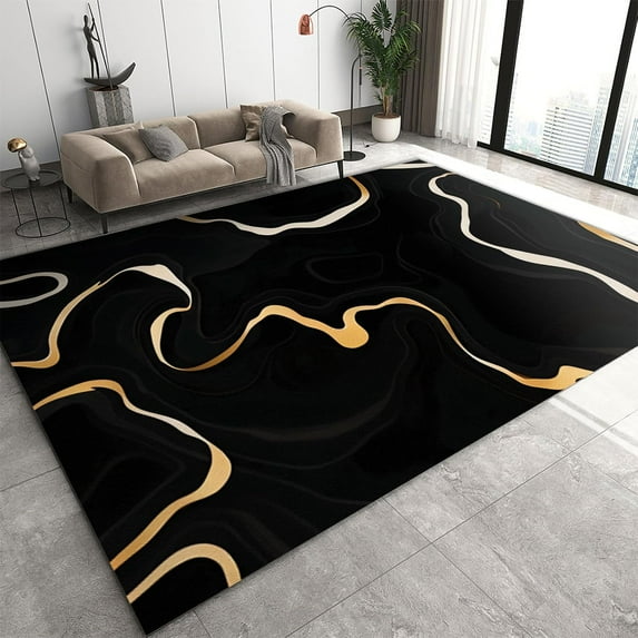 Gold Abstract Geometric Stripes Area Rug, Modern Twisted Lines Indoor Carpet, with Non-Slip Backing Washable Rugs for Living Room Bedroom Dining Room Office 4' x 7'