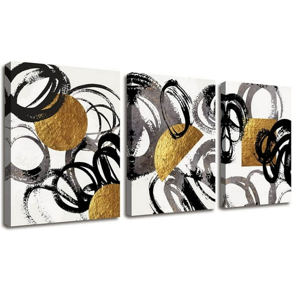 Gold Abstract Wall Art 3 Pieces Black and White Wall Art Canvas Painting Geometry Stroke Artwork Stretched Canvas Wooden Framed for Home Bedroom Office Bathroom Living Room Wall Decor 12"x16"x3