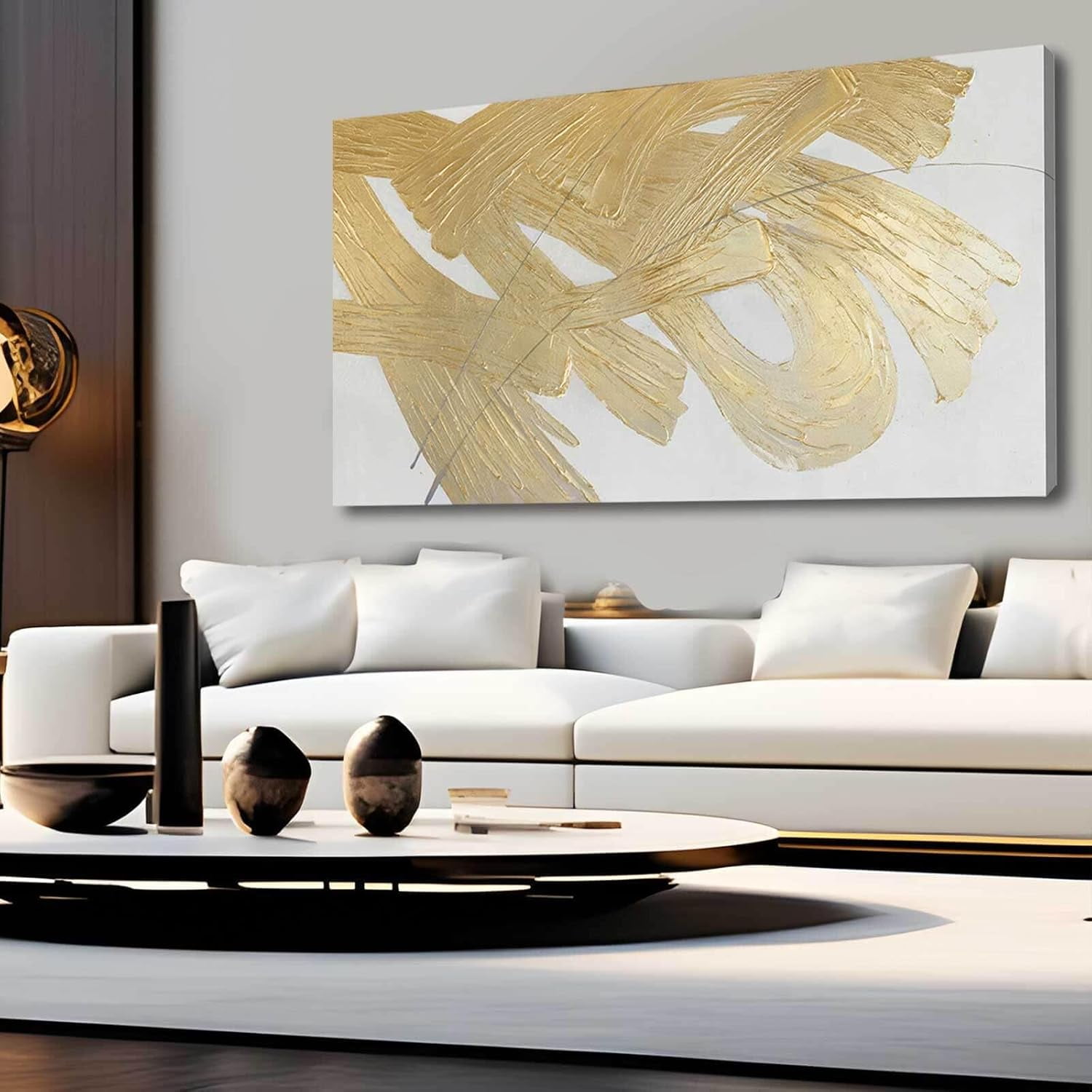 Gold Abstract Wall Art White and Gold Modern Framed Painting Texture Artwork for Living Room ...