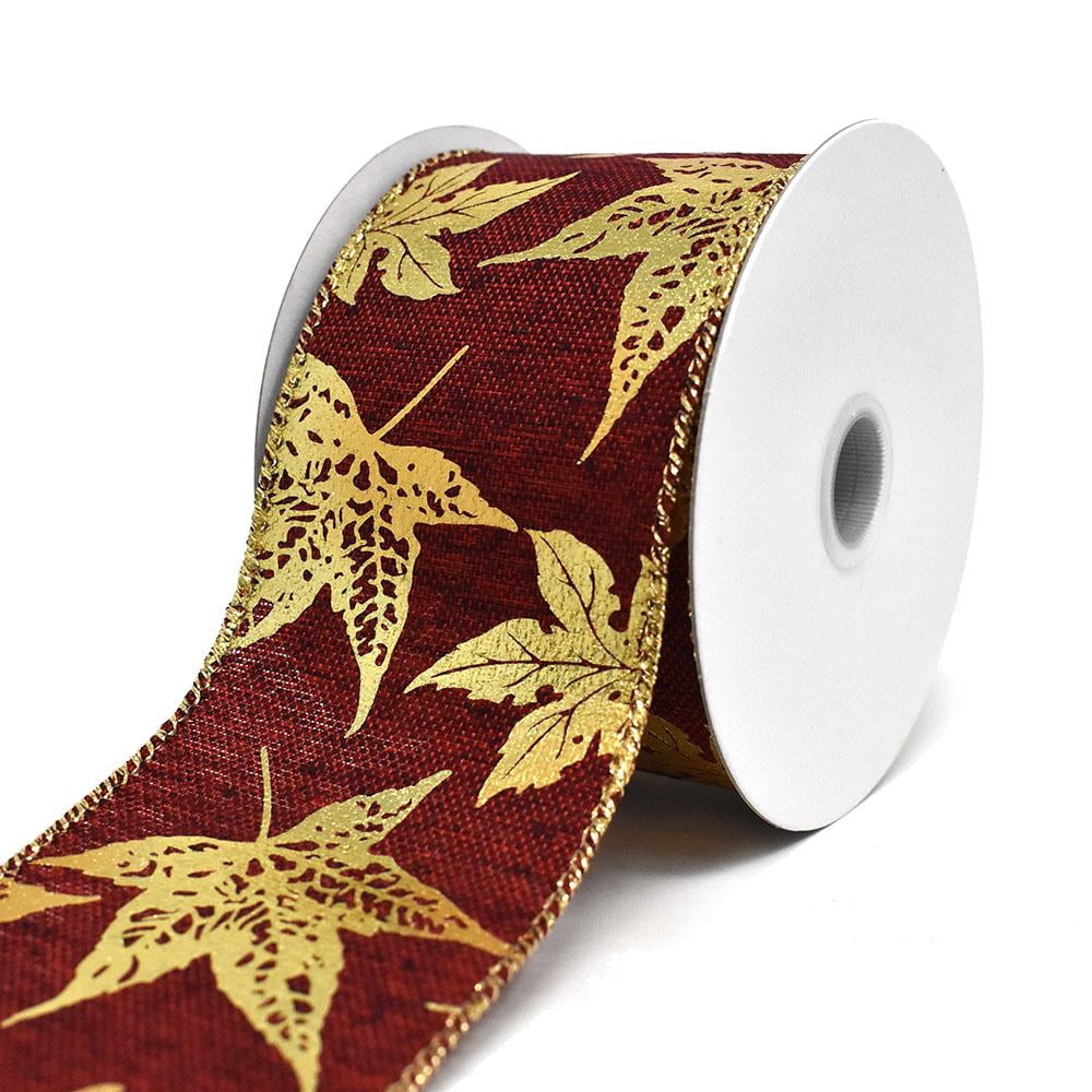 Gold Accent Fall Leaves Wired Ribbon, Red, 2-1/2-Inch, 10-Yard ...
