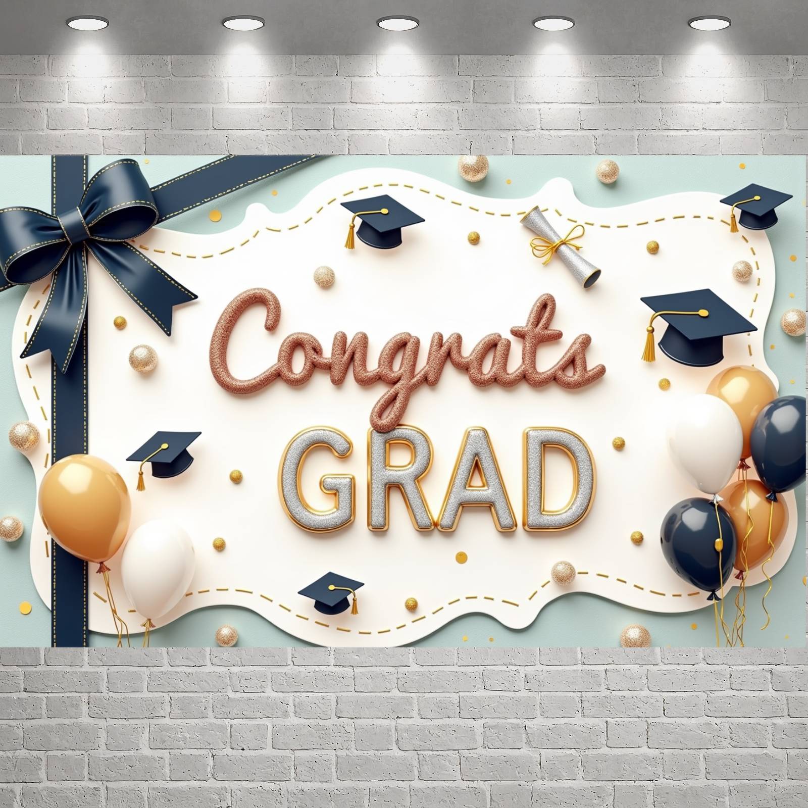 Grad Display Gold Accent Graduation Banner Navy Blue Congrats Backdrop Graduation ...