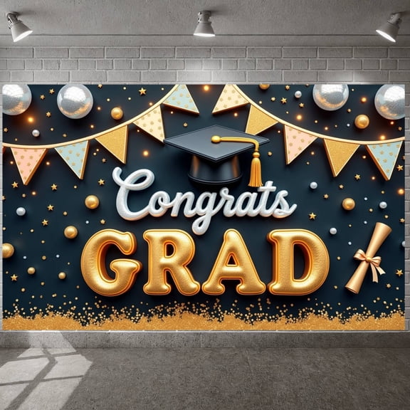 Gold Accent Graduation Banner Navy Blue Congrats Backdrop Graduation Cap Diploma Scroll Grad Display for Graduation Party College Graduation Grad Ceremony