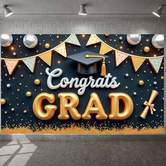 Gold Accent Graduation Banner Navy Blue Congrats Backdrop Graduation Cap Diploma Scroll Grad Display for Graduation Party College Graduation Grad Ceremony