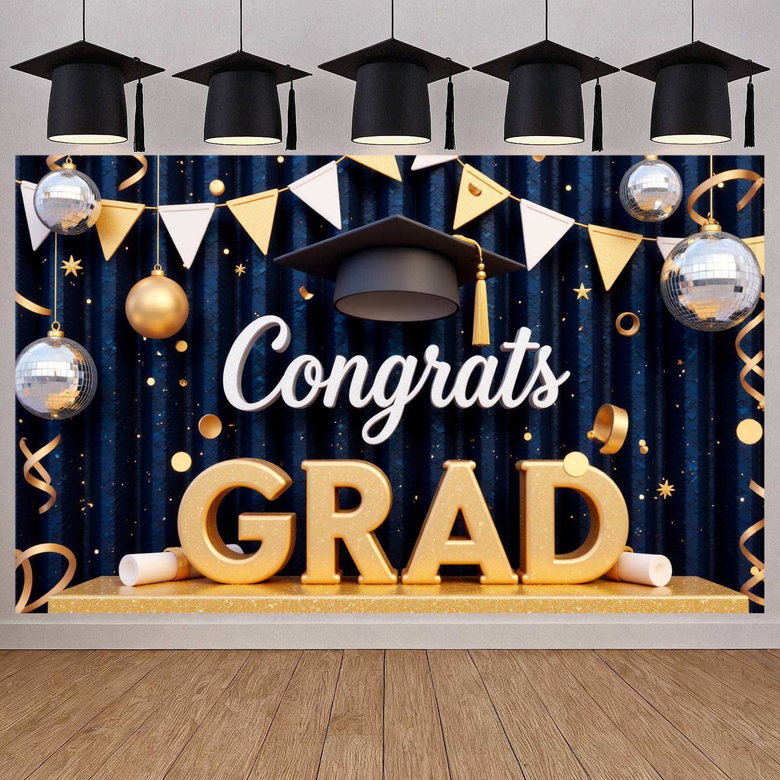 Grad Display Gold Accent Graduation Banner Navy Blue Congrats Backdrop Graduation ...