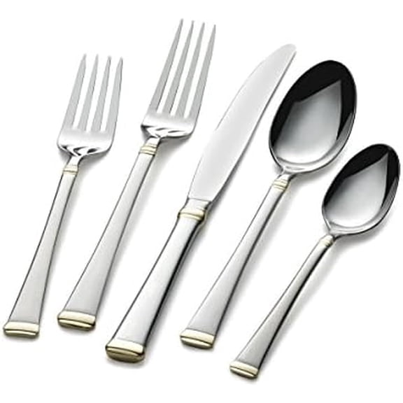 Gold Accent Harmony Flatware Set for 12, 65 Piece 18/10 Stainless Steel Silverware with Gold-Trimmed Handles and Serving Utensils, Elegant Dinnerware Service