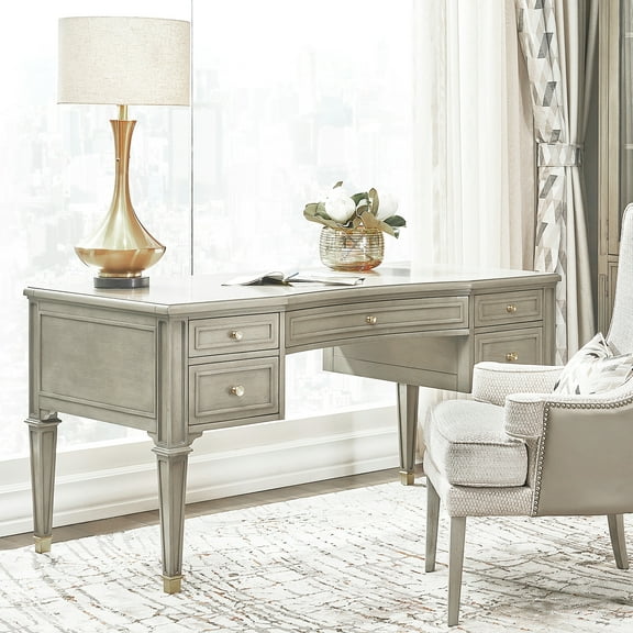 Gold Accent Home Desk, Grey Cashmere Wood. Solid Hardwood & . Elegant Look. 5 Drawers. 59" D X 29.5" W 31" H. 154 Lb Wood Office Desk With Drawers - , 59in 29.5in 31in, Work Surface