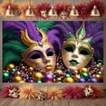 thumbnail image 1 of Gold Accent Mardi Gras Mask Banner Purple Feather Masquerade Display Green Plume Beaded Decoration Carnival Backdrop for Mardi Gras Party Masquerade Ball Carnival Celebration, 1 of 4