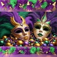 thumbnail image 1 of Gold Accent Mardi Gras Mask Banner Purple Feather Masquerade Display Green Plume Beaded Decoration Carnival Backdrop for Mardi Gras Party Masquerade Ball Carnival Celebration, 1 of 9