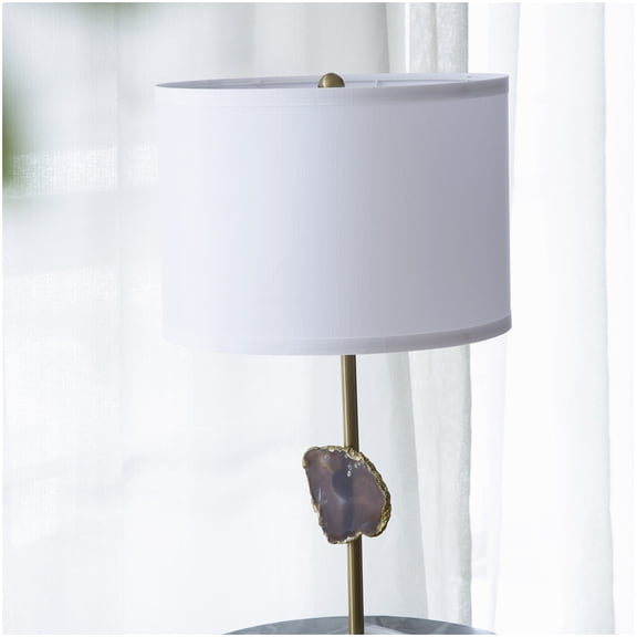 Gold Accent Table Lamp with Natural Agate Slice and White Drum Shade 14 x 14 x 25.2 Inches