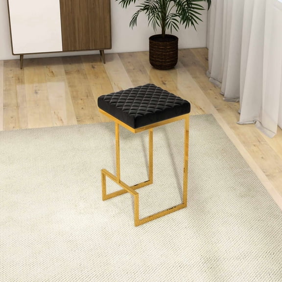 Gold-Accented Black Backless Mid-Century Modern Upholstered Stool - Ideal for Entertainment Spaces, Comfortable Sitting