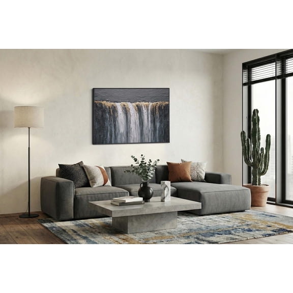 Gold Accents Waterfall Nature Inspired Living Wall Art Unframed Paper Print
