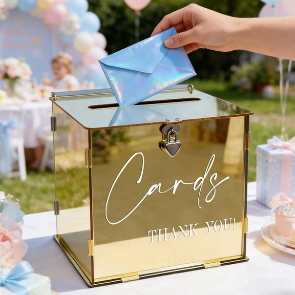 Gold Acrylic Card Box with Lock & Slot, Classy Golden Wedding Card Boxes for Reception, Luxury Monetary Envelope Gift Box for Party Graduation Birthday Anniversary Baby Shower All Occasions