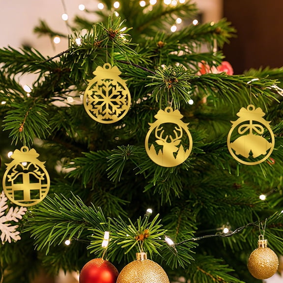 Gold Acrylic Christmas Ball Ornaments Set, Double-Sided Holiday Tree Decorations with Snowflake, Reindeer, Gift, and Bell Designs