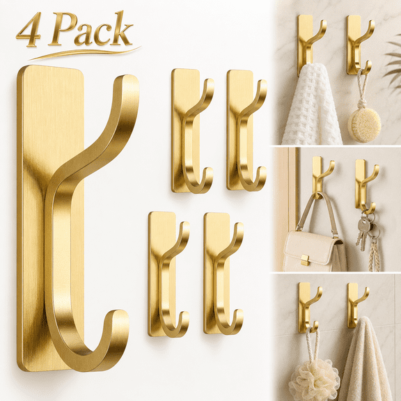Gold Adhesive Wall Hooks for Hanging - Heavy Duty 13 lb Sticky Towel Hook for Bathroom, Door, Closet, Dorm, RV, Kitchen, Hanger for Coats, Bags, Keys, Purse, Clothes - Stainless Steel, 4 Pack
