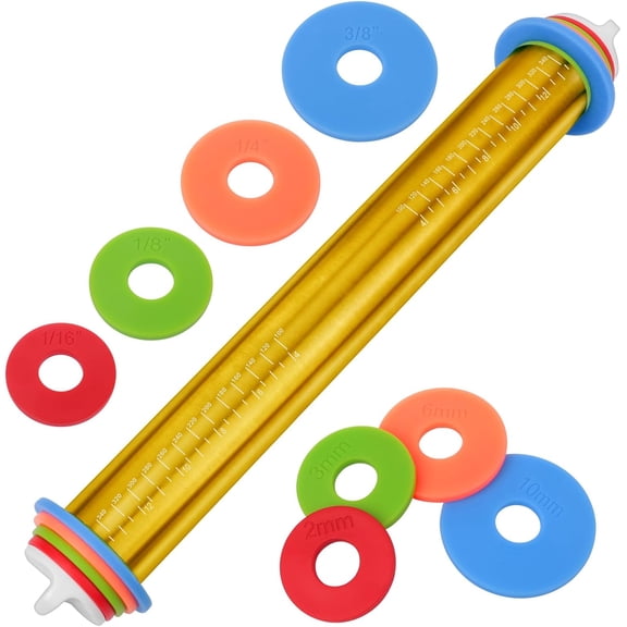 Gold Adjustable Stainless Steel Rolling Pin with Thickness Rings, Metal Dough Roller for Cookies Pizza Fondant Cake Baking